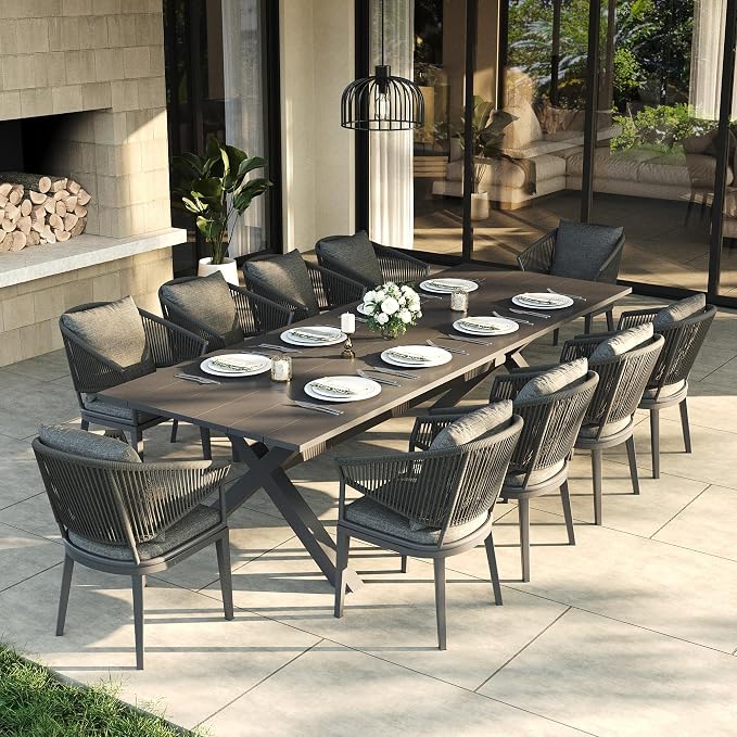 LayinSun 11 Piece Outdoor Dining Table Set, Aluminum Modern Rectangular Dining Table and All-Weather Wicker Chairs Set for Patio Deck Indoor Decor Kitchen