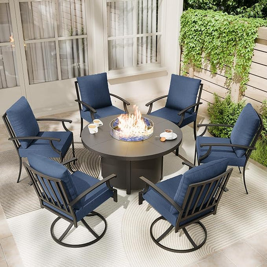 Kullavik 7 Piece Metal Outdoor Patio Furniture Set with Fire Pit Table,Outdoor Dining Table Set with 4 Fixed Chairs,2 Swivel Chairs and 55000 BTU Outdoor Round Fire Pit,Navy Blue