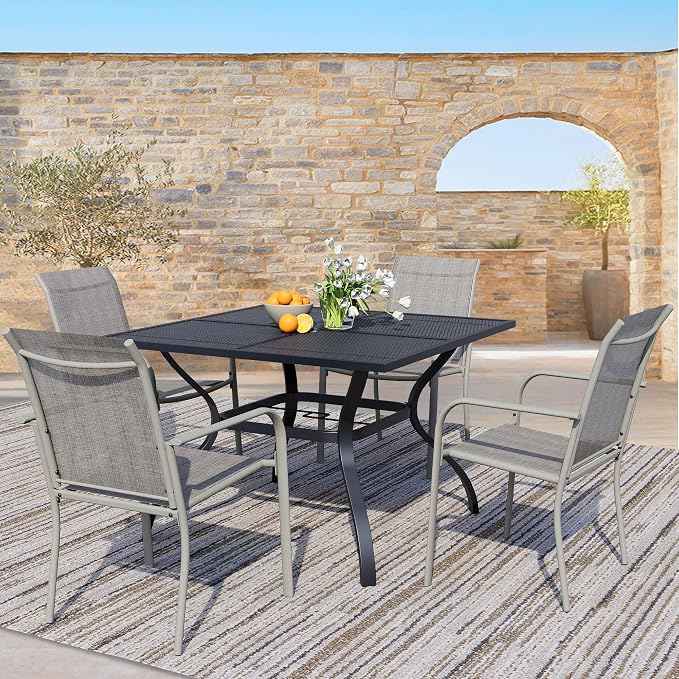 5 Piece Outdoor Dining Set, Patio Table and Chairs Set of 4, 37.5" Black Square Patio Table with 4 Grey Stackable Patio Chairs for Lawn, Garden, Porch