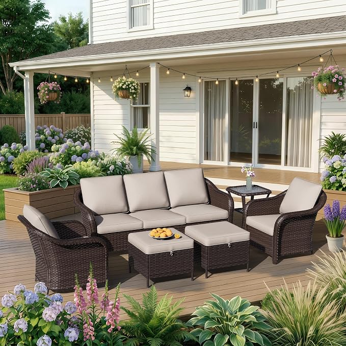 6 Piece Patio Wicker Conversation Set, All-Weather Use Outdoor Wicker Sofa with 2 PE Rattan Ottomans,2 Chair, 1 Side Table, Ideal for Porch, Backyard, Balcony, Poolside, Beige
