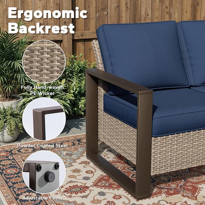 Joyside Outdoor Patio Sofa, 4 Pieces Wicker Rattan Furniture Set, 1 Patio Couch and 2 Ottoman, Metal Wide Armrest, Thick Cushions and Deep Seating for Garden, Backyard, Porch, Deck