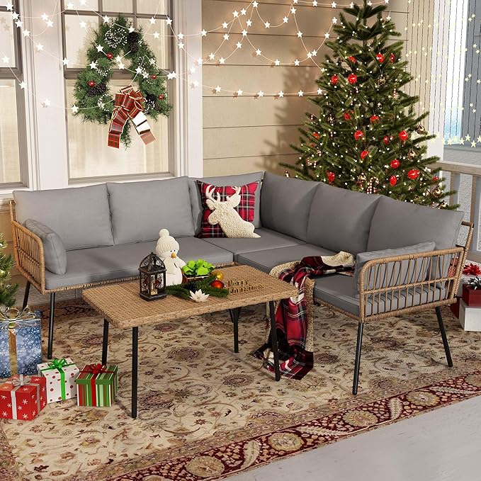 YITAHOME 4 Pieces Patio Furniture Set, Outdoor Wicker Conversation Sectional L-Shaped Sofa with 5 Seater for Backyard, Porch, Boho Detachable Lounger with Thickness Cushions and Side Table - Grey