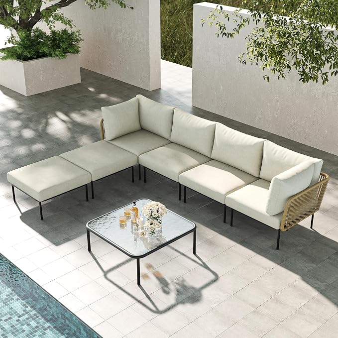 LayinSun 7 Pieces Aluminum Patio Furniture Set, Modern Modular Sectional Sofa with Coffee Table and Upgrade Thickness Cushion