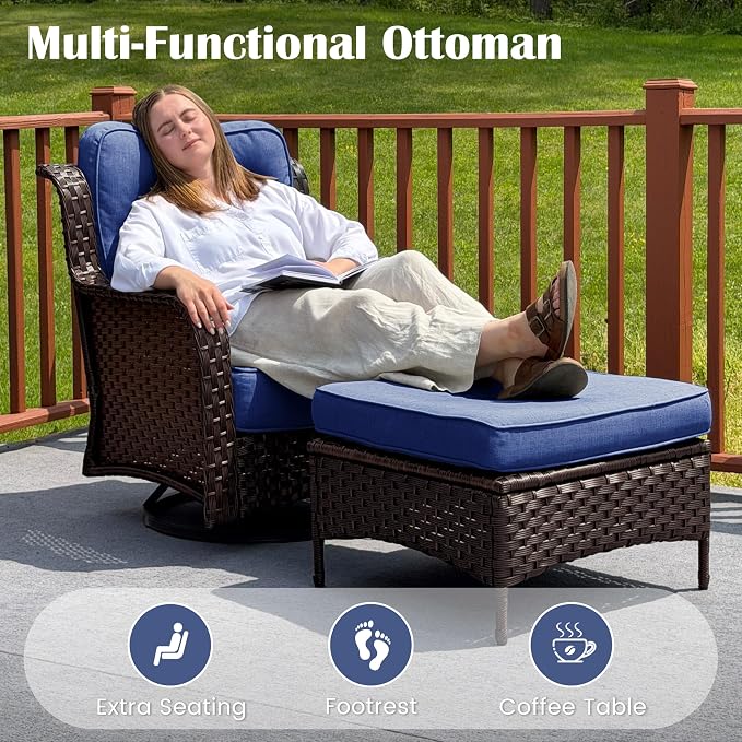 Sundale Outdoor Wicker Patio Furniture Set with Fire Pit, 7 Piece Outdoor Furniture Set with Swivel Chairs, Couch & Ottoman, High Back Patio Conversation Sets with 6" Cushions for Yard, Deck (Blue)