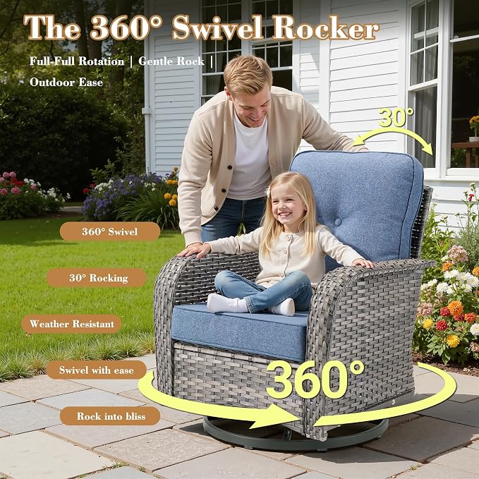 5 Pieces Patio Conversation Sets,Patio Furniture Set with Swivel Rocking Chairs and Coffee Table, All Weather Rattan Wicker Small Outdoor Sectional Furniture Set with Loveseat for Porch Balcony Blue