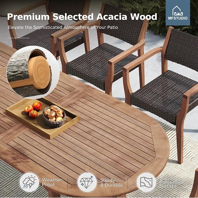 MFSTUDIO Teak Outdoor Dining Set for 6, Outdoor Wood Table and Chairs, Patio Expandable Dining Table with Rattan Chairs, 7 Pieces Wood Outdoor Patio Dining Furniture Set