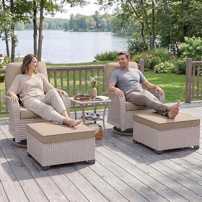 5-Piece Patio Furniture Set, Outdoor Swivel Rocking Chairs Set with Ottomans,All Weather Conversation Set for Porch Poolside Balcony,Beige