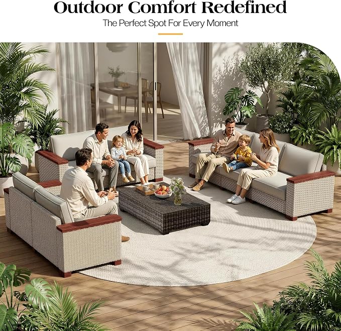 PaPaJet 7-Piece Wicker Patio Furniture Set with Solid Wood Armrest, Outdoor Patio Set with Thick Legs, UV-Resistant Modular Outdoor Sectional Sofa for Backyard, Porch, Garden