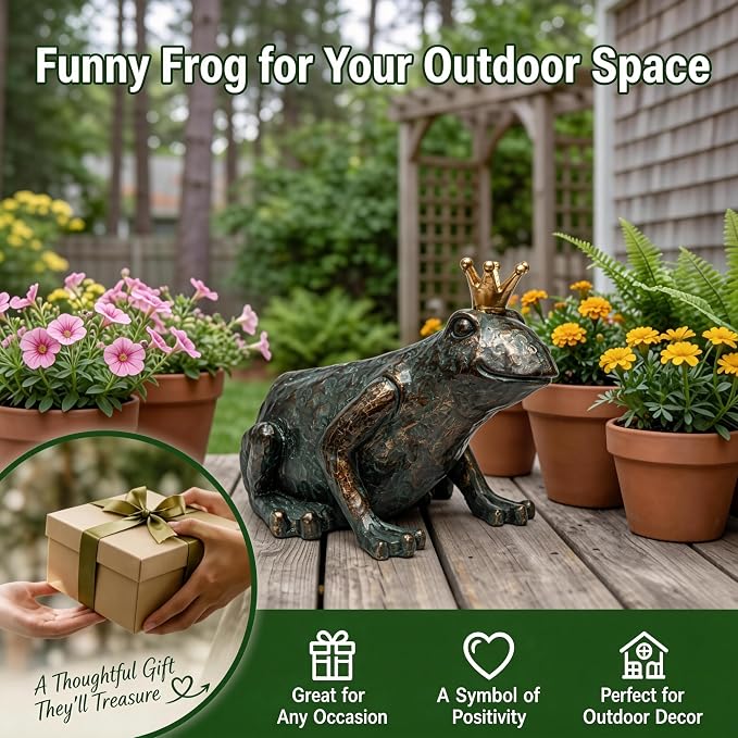 Crouching Frog Prince Garden Statue, Yard Decorations Outdoor Decor, Weather-Resistant Animal Figurines & Sculptures for Patio & Porch, 11.5" L×8" H