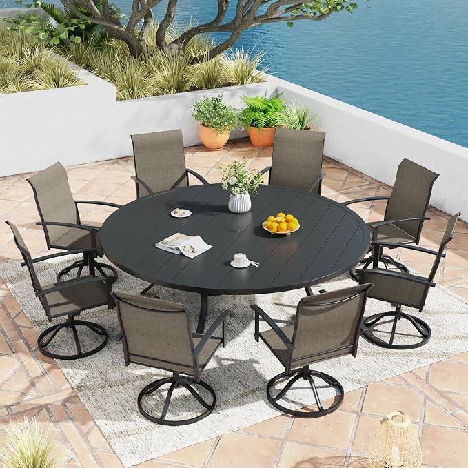 9 Pieces Outdoor Patio Dining Table Set, 63" All Weather Round Metal Table with Umbrella Hole and 8 High Back Textilene Swivel Chairs for Garden, Lawn, Poolside, Black Table & Brown Chairs