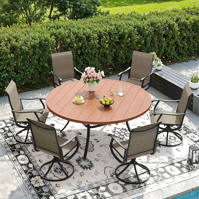 DIFY Outdoor Dining Set for 6, 7 Piece Patio Table and Chairs Set, Swivel Patio Dining Chairs with Brown Textilene & 53" Walnut Round Metal Dining Table with Umbrella Hole, for Garden Backyard Deck