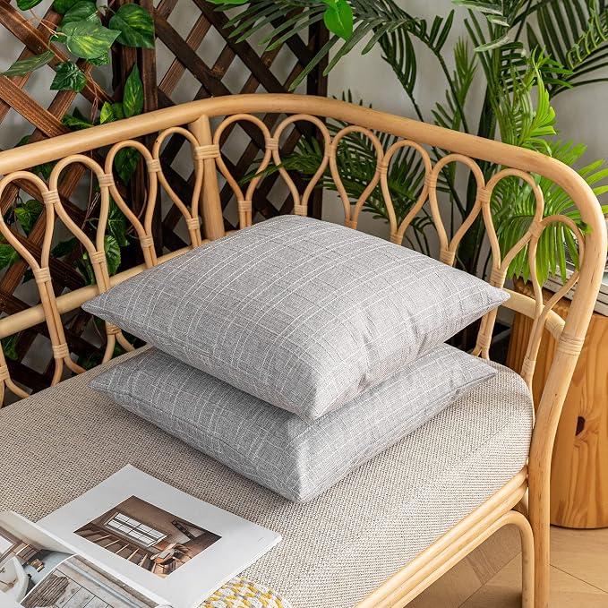 Kevin Textile Outdoor Waterproof 24”x24” Pillow Covers 2 Pack, Grey | Water Resistant, Soft Faux Linen-cotton Yarn-dyed Woven Texture Throw Pillow Covers for Tent Patio Garden Couch Sofa