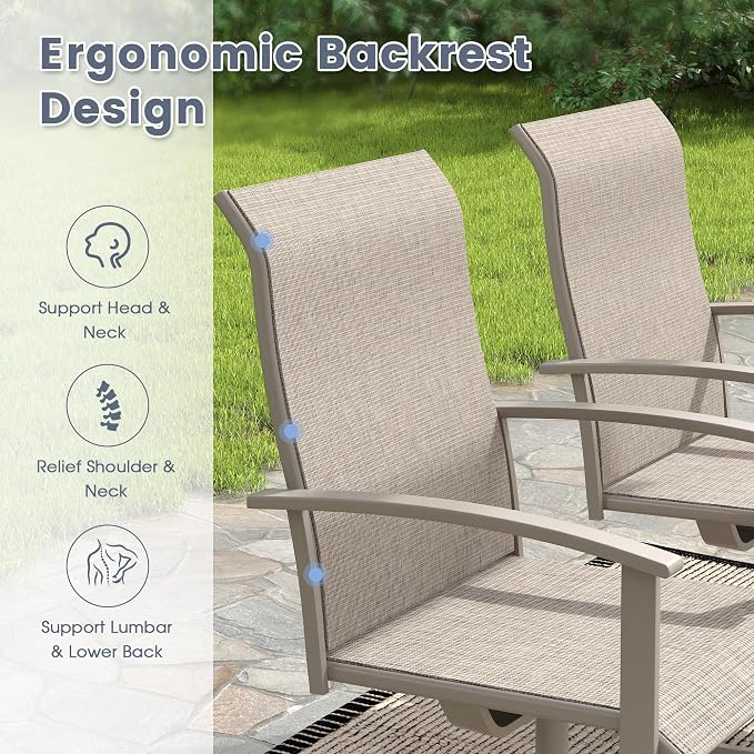 VICLLAX 7 Pieces Patio Outdoor Dining Set, 6 Swivel Textilene Chairs and 63" Rectangular Metal Table with Umbrella Hole for Porch, Deck, Garden, Sandshell