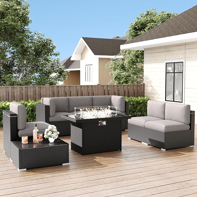 LayinSun 8 Pieces Patio Furniture Set with Fire Pit Table, Black Rattan Modular Sectional Patio Conversation Sofa Set