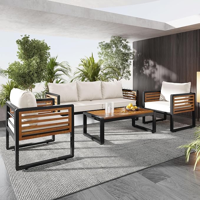 Merax 4-Piece Large Size Outdoor Conversation Sofa Set, Metal and Acacia Wood Frame Sofa with Removable Cushions, Waterproof & UV-Resistant, 5-Person Patio Furniture for Garden Backyard, Beige