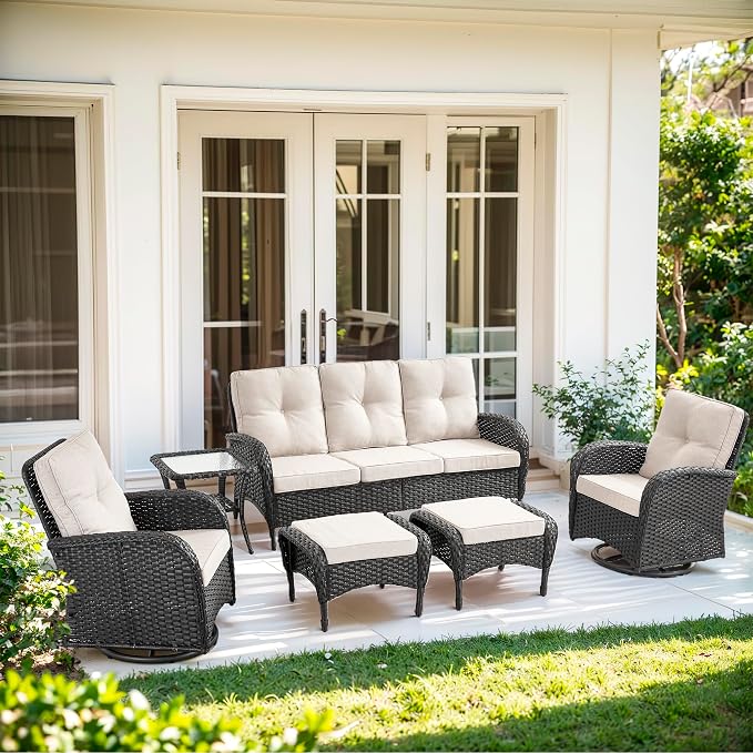 6 Piece Patio Furniture Set - Wicker Patio Conversation Set with Swivel Glider, 3-Seater Sofa, Tempered Glass Side Table and 2 Ottomans for Deck Backyard - Black Wicker Beige Cushion