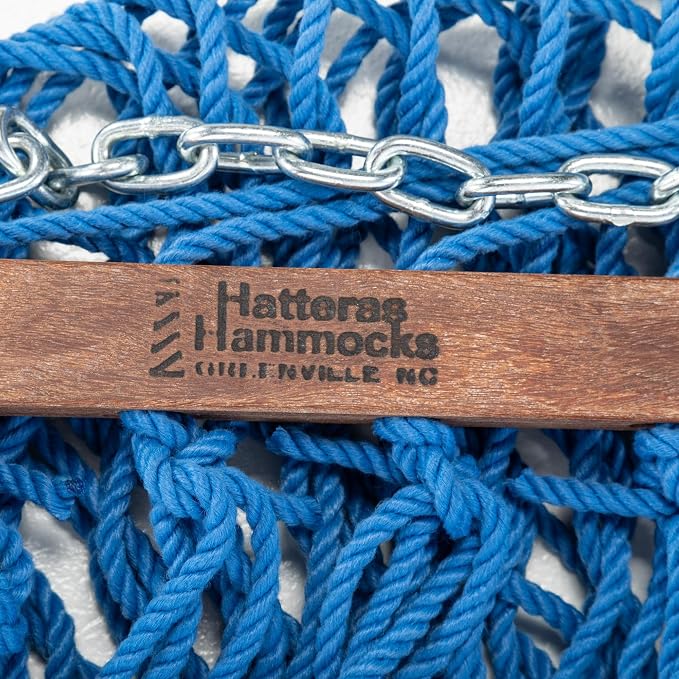 Hatteras Hammocks Small Coastal Blue DuraCord Rope Hammock – 11 ft. x 45 in., 450 lb Capacity, Cumaru Spreader Bar, Zinc-Plated Hardware, Handcrafted in The USA