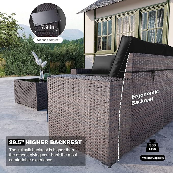 Kullavik 12PCS Outdoor Patio Furniture Set PE Wicker Rattan Sectional Sofa Patio Conversation Sets,Black