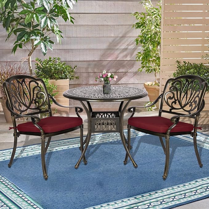 3-Piece Outdoor Patio Dining Set, All-Weather Cast Aluminum Patio Furniture Set for Backyard Garden Deck with 2 Cushioned Chairs and 35.4” Round Table, 2" Umbrella Hole, Chili Red