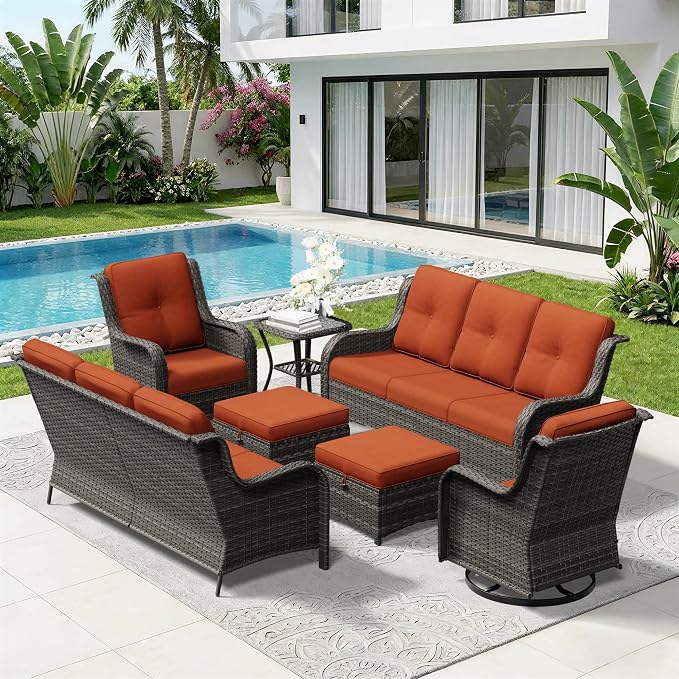 7 Piece Outdoor Wicker Patio Furniture Set, Outdoor Swivel Rocker Patio Chairs Set with Thickened Olefin Cushions, High Back and Deep Seating, Hand-Woven PE Rattan for Porch, Deck