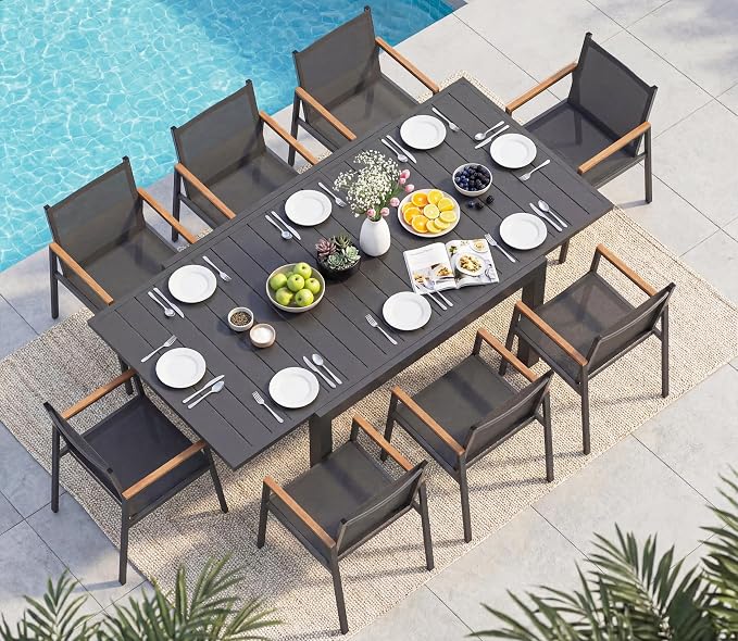 Aluminum Outdoor Patio Dining Table Set for 8 Person, Expandable Outdoor Table and 8 Chairs with Textilene Fabric & HDPS Armrest, All-Weather Patio Furniture Set for Yard, Deck, Gray