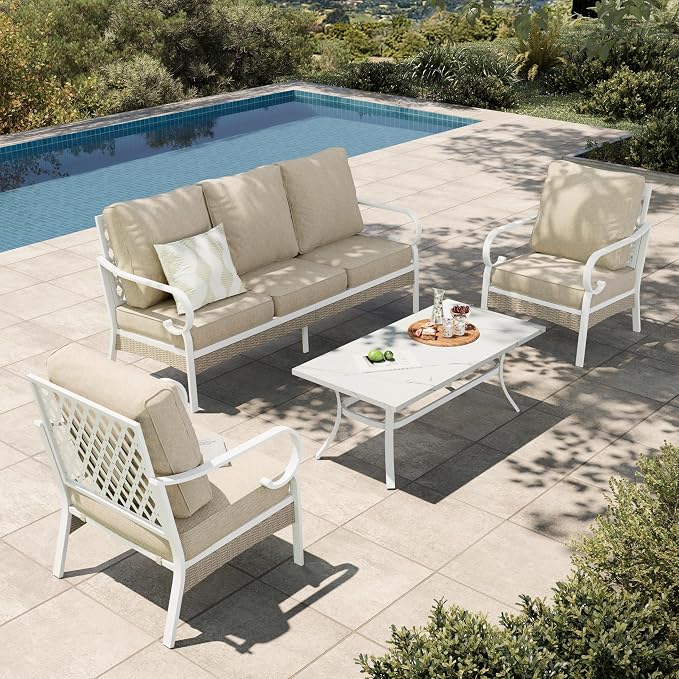 HERA'S HOUSE 4-Piece Patio Furniture Set with Metal & Rattan Design, Includes 2 Fixed Chairs, 3-Seat Sofa & Marble Coffee Table, All-Weather Outdoor Conversation Set for Garden Backyard, Beige