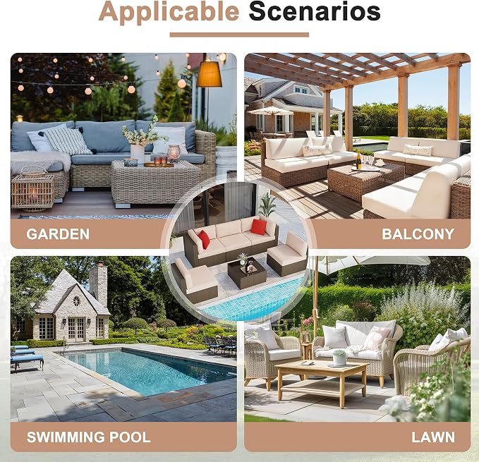 6 Pieces Patio Furniture Set Outdoor Couch Wicker Sectional Sofa, Beige