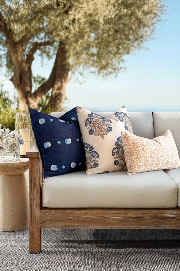 California Casual Coastal Indoor Outdoor Throw Pillow Cover, 20"x20" Water Repellent for Patio, Backyard, Couch, Dark Navy Blue Embroidered Striped Dots