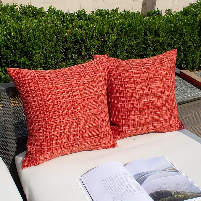 Kevin Textile Outdoor Waterproof 24x24 Inch Pillow Covers 2 Pack, Red | Water Resistant, Faux Linen Yarn-dyed, Woven Texture Euro Throw Pillow Covers for Tent Patio Garden Couch Sofa