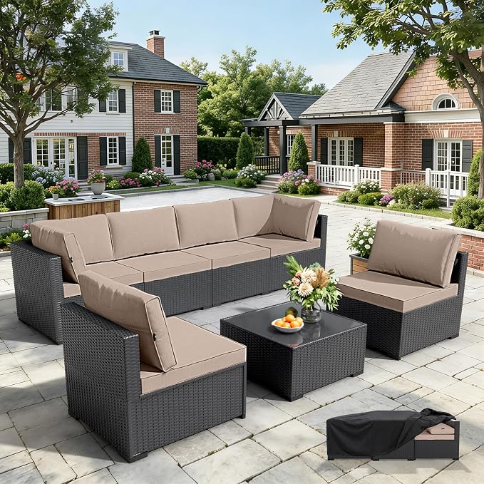 WWR Patio Furniture Set 7 Piece - All-Weather - Wicker Rattan Patio Outdoor Conversation Set, Modular Sectional Sofa for Backyard, Garden, Poolside, Balcony, Porch, Patio, Black/Khaki