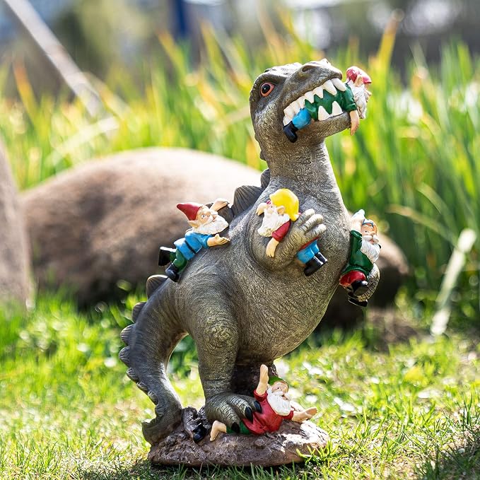 SOWSUN Garden Gnomes Statues Yard Decorations Outdoor Garden Decor, 14” Dinosaur Gnomes Garden Statues, Patio, Lawn Ornament, Gardening Gifts for Women for Housewarming