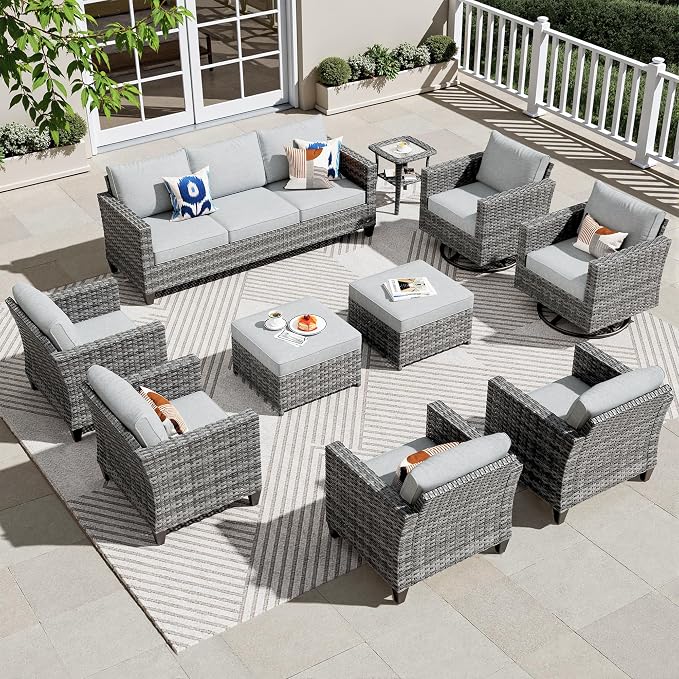 ovios 10 Pieces Patio Furniture Set, Outdoor Wicker Sofa Couch with Swivel Chairs, Rocking Glider Rocker with Comfy Cushions All Weather Rattan Conversation Set, Grey
