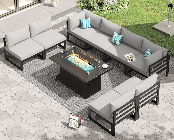 RADIATA 9 Piece Oversized Modular Outdoor Furniture Set with Fire Pit Table, 29 inch Deep Wide Sectional Seating, Heavy Duty Aluminum Frame for 500 lbs, Patio Conversation Set for Poolside, Light Gray