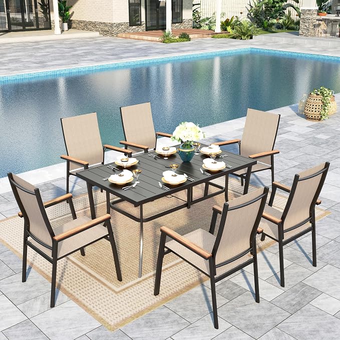 Sophia & William Outdoor Dining Set 7 Pieces, 6 Aluminum Stackable Chair for Space-Saving and 59" x 35" Patio Dining Table, Easy to Move for Outdoor Garden Lawn (Beige)