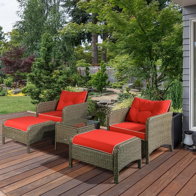 Outsunny 5 Pieces Rattan Wicker Lounge Chair Outdoor Patio Conversation Set with 2 Cushioned Chairs, 2 Ottomans and Tempered Glass Top Coffee Table, Brown/Red