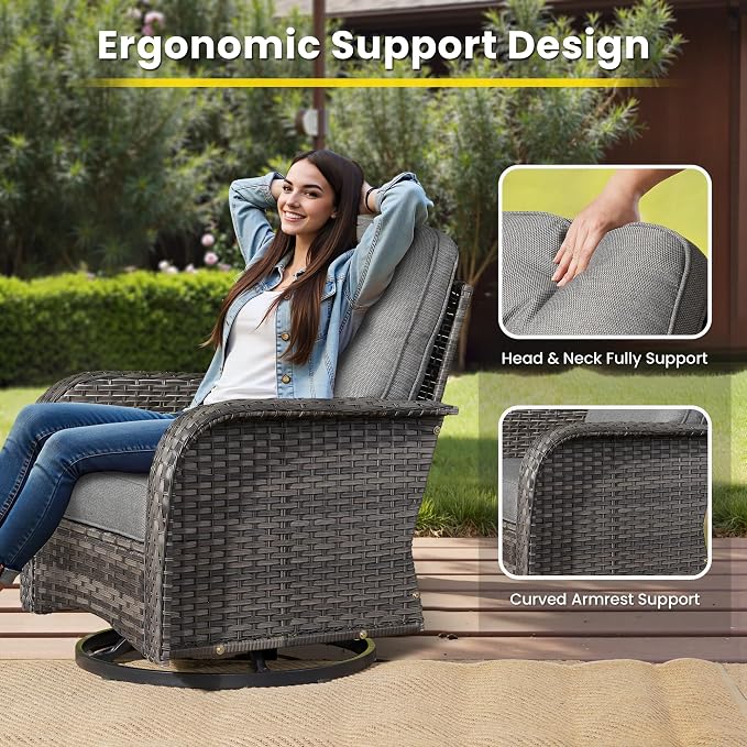 3 Pieces Patio Furniture Set, Outdoor Swivel Rocker Patio Chairs with Coffee Table, All Weather Thickened Cushion Patio Conversation Set for Porch Balcony Deck Poolside Garden Sunroom, Dark Grey