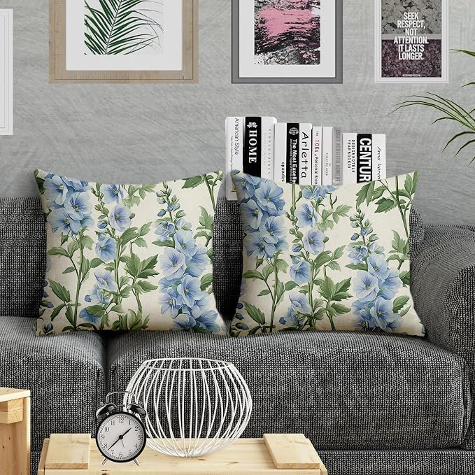 Blue Floral Throw Pillow Covers 20x20 inch Set of 2 Outdoor Waterproof Pillow Cases Delphiniums Flower Decorative Cushion Covers for Patio Garden Tent