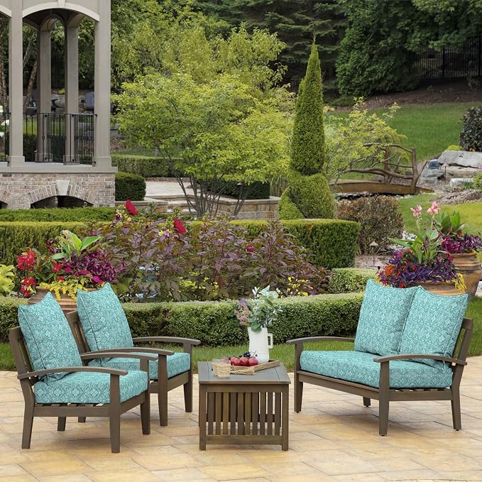 Arden Deep Seat Outdoor Chair Cushion Set (2-Pack), 24 in x 24 in, Weather-Proof, Rain-Proof, Fade Resistant Patio Cushion Set for Chair, Sofa, and Couch Turquoise Daphne Medallion | Outdoor Sofa, Couch, Conversation Set, Weather-Proof, Rain-Proof, Fad...