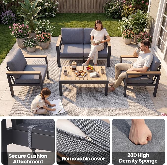 Aluminum Patio Furniture Set,Outdoor Sectional Sofa Set with Powder-Coated Frame, Weather Resistant Patio Conversation Set with Coffee Table, Removable Washable Cushions for Backyard Balcony Porch