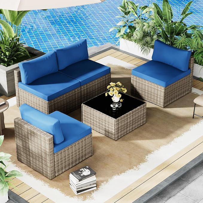 Tradare 5 Piece Patio Furniture Set, Outdoor Wicker Patio Sofa Set, PE Rattan Sectional Couch with Glass Table and Blue Cushions, All-Weather 5 Piece Outdoor Patio Furniture Sets, Grey