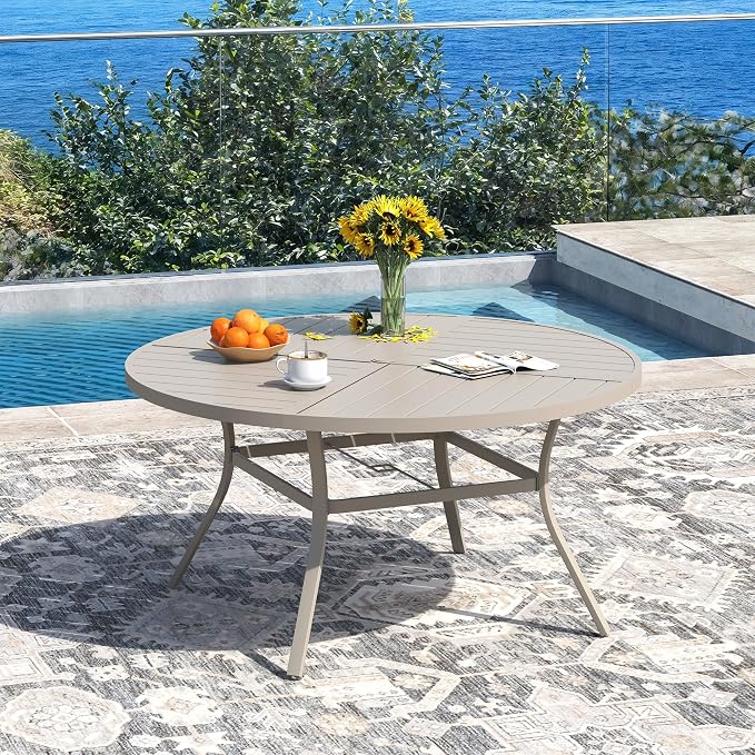 DIFY 7 Pieces Outdoor Patio Dining Set for 6, 50" Round Metal Dining Table and 6 Stackable Textilene Patio Chairs, Outdoor Table and Chairs for Backyard Garden Poolside, Sandshell