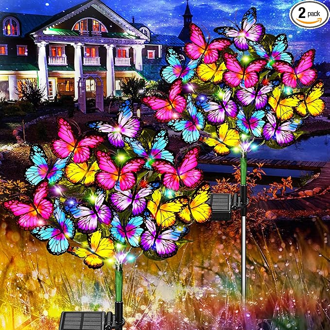 WEITEXS Solar Garden Lights Outdoor Waterproof Solar Lights 2 Pack with New Upgraded 72 LED 34 Butterfly Outdoor Solar Lights for Yard Outside Garden Pathway Decor Gifts for Womens Mother's Day
