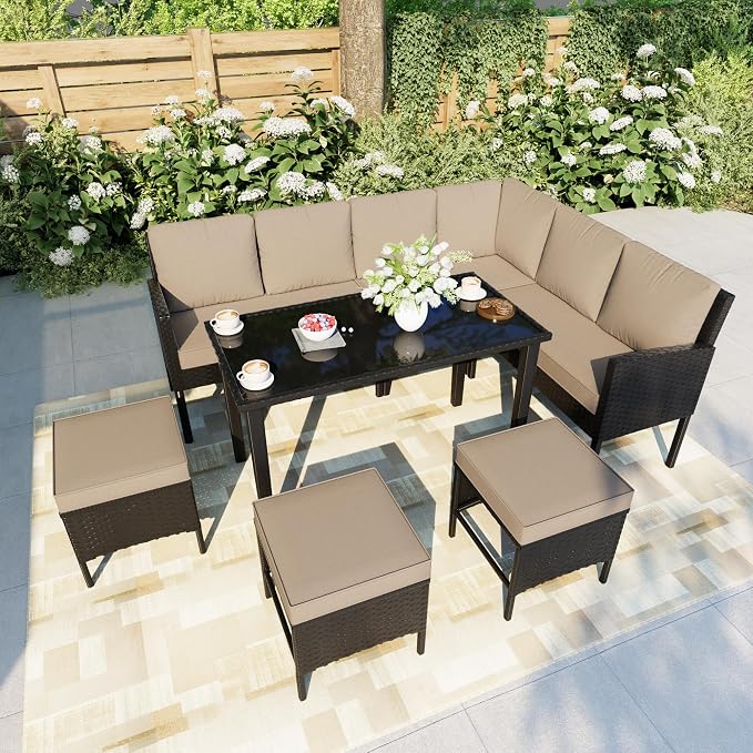 7 Pieces Outdoor Dining Set, Wicker Conversation Patio Furniture with Glass Table, L-Shaped PE Rattan Sectional Sofa Seating with Ottomans for Outside, Backyard, Balcony, Garden, Khaki Cushions