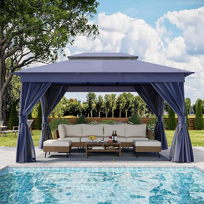 LAUSAINT HOME Patio Gazebo 10'x13', Outdoor Heavy Duty Party Tent Shelter with Double Roofs, Mosquito Nettings and Privacy Screens for Backyard, Garden, Lawn, Navy Blue