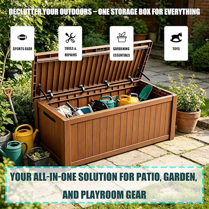 Outdoor Storage Solution with Deck Box Design, Multi-purpose Patio Furniture for Garden Tools, Shoe Storage & Cushions, Strong Storage Bins with Lids Style (brown)