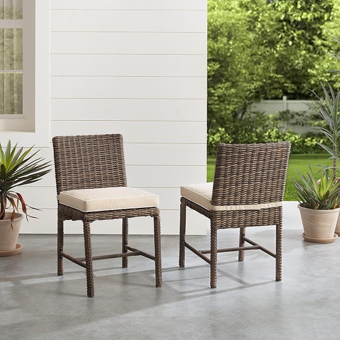 Crosley Furniture Bradenton 2-Piece Outdoor Chair Set, Wicker Dining Patio Chairs for Deck, Backyard, Weathered Brown with Sand Cushions