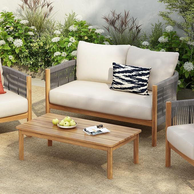 Christopher Knight Home Havets 2 Pieces Conversation Set, Acacia Wood Loveseat and Coffee Table Set, Woven Rope Armchair, Slats Panel End Table, 6" Thick Cushion Couch for Backyard Garden, Gray+Beige