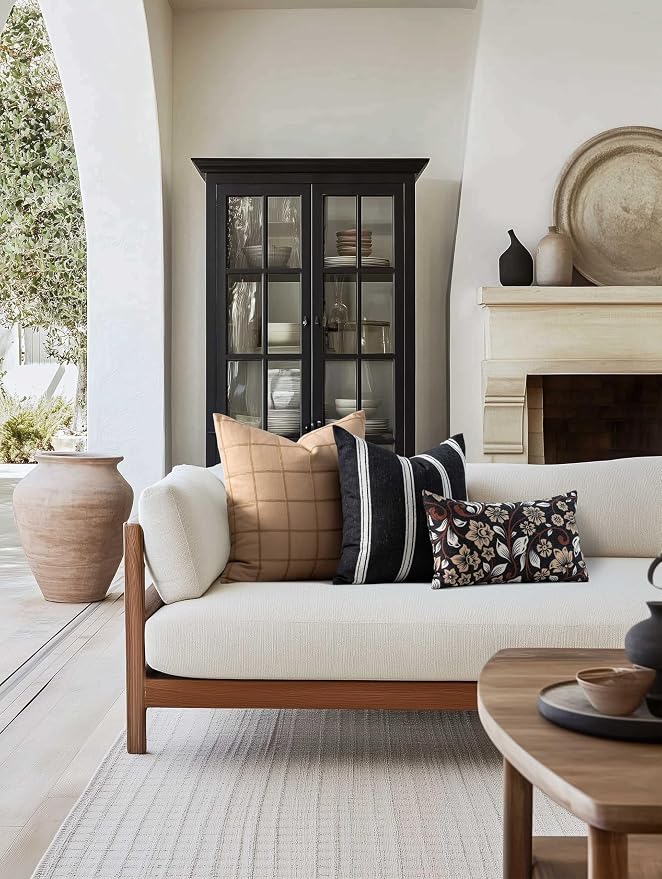 Modern Farmhouse Fall Linen Indoor Outdoor Lumbar Pillow Cover Only, 12"x20" Water Repellent for Patio, Backyard, Couch, Black Ivory Cream Floral