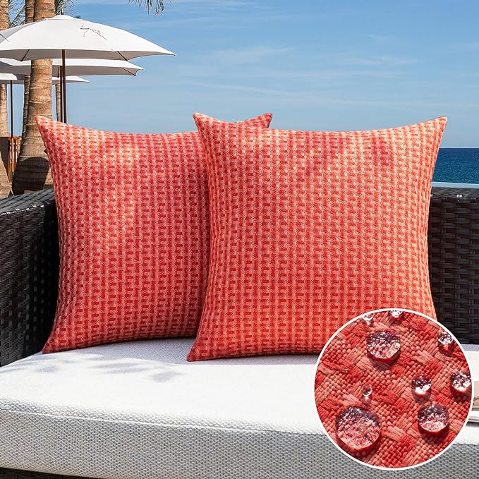 Kevin Textile Outdoor Waterproof 16"x16" Pillow Covers 2 Pack, Red | Water Resistant Weaving Faux Linen Texture Throw Pillow Covers, Outside Decorative Pillowcases for Garden Patio Balcony Couch