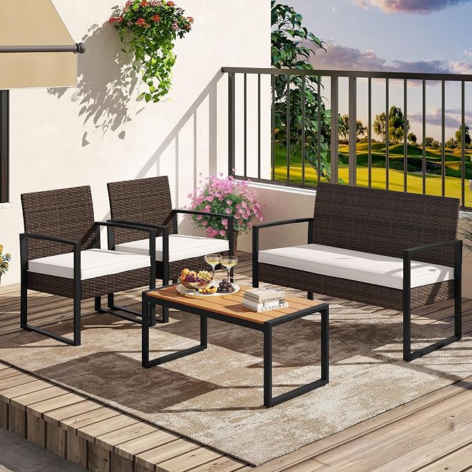 Tangkula 4 Pieces Patio Furniture Set, Outdoor Rattan Conversation Set w/Cushioned Chairs & Wood Plastic Coffee Table, Wicker Sectional Seating Furniture for Backyard, Poolside, Porch (Off White,1)